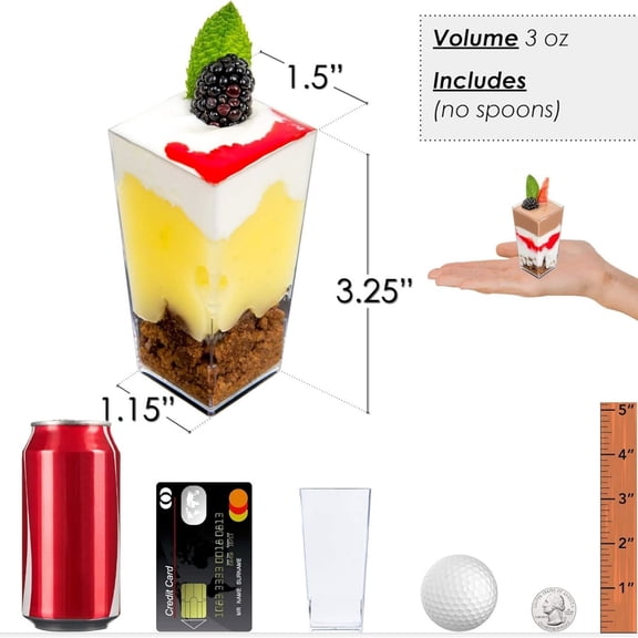 100 x 3 oz Mini Dessert Cups (no Spoons), Square Tall - Clear Plastic Parfait Appetizer Cup - Small Reusable Serving Bowl for Tasting Party Desserts Appetizers - With Recipe eBook
