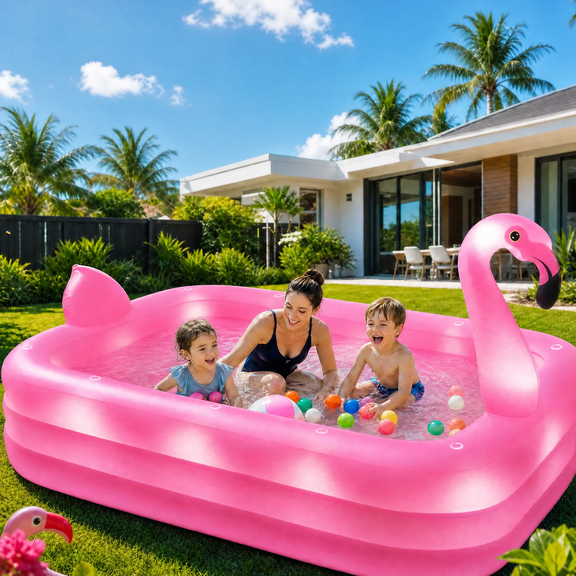 100" x 63" Inflatable Pool with Solar Lights, Flamingo Kiddie Pool for Kids and Adults, PVC Blow Up Pool for Backyard, Bright Pink