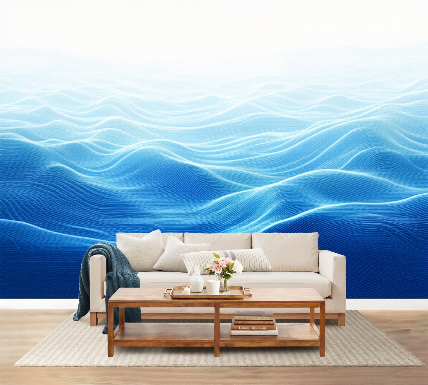 100"x144" Wall Mural Peel and Stick Wallpaper Abstract Blue Ocean Waves Flowing Lines Gradient Shades Wall Decor Self Adhesive Removable Wall Stickers for Bedroom Living Room