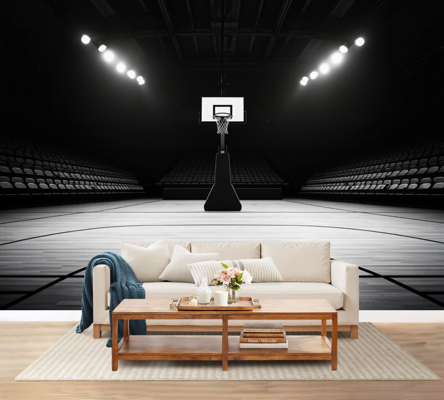 100"x144" Wall Mural Peel and Stick Wallpaper Black White Basketball Court Empty Wooden Floor Spotlights Wall Decor Self Adhesive Removable Wall Stickers for Bedroom Living Room