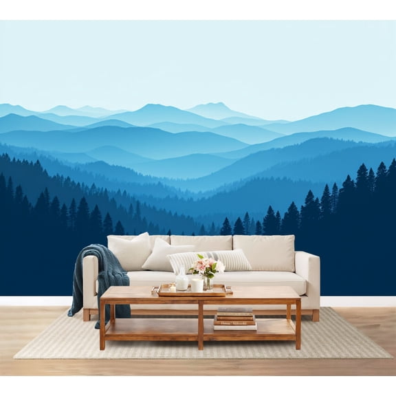 100"x144" Wall Mural Peel and Stick Wallpaper Blue Mountain Landscape Pine Forest Minimalist Wall Decor Self Adhesive Removable Wall Stickers for Bedroom Living Room