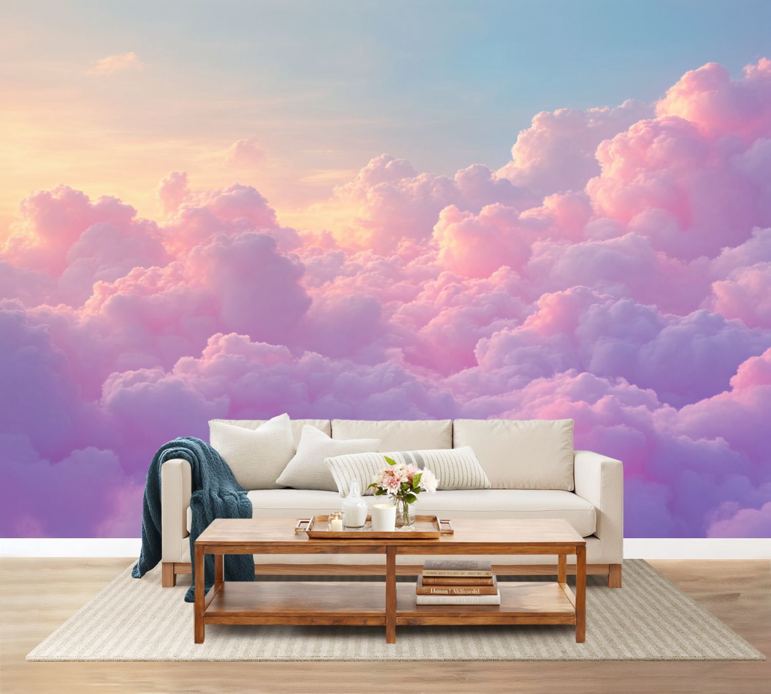 100"x144" Wall Mural Peel and Stick Wallpaper Dreamy Pink Blue Cotton Candy Clouds Sunset Sky Wall Decor Self Adhesive Removable Wall Stickers for Bedroom Living Room