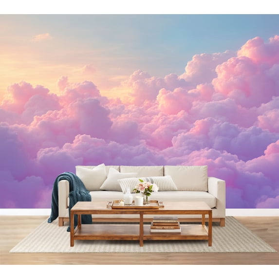 100"x144" Wall Mural Peel and Stick Wallpaper Dreamy Pink Blue Cotton Candy Clouds Sunset Sky Wall Decor Self Adhesive Removable Wall Stickers for Bedroom Living Room