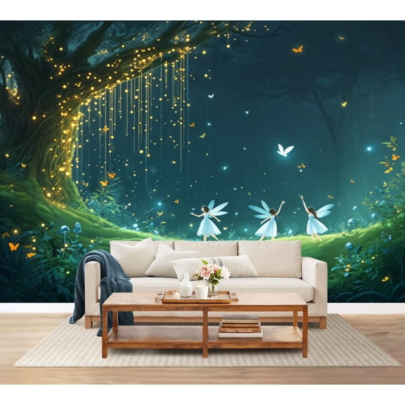 100"x144" Wall Mural Peel and Stick Wallpaper Ethereal Forest Fairy Dance Butterfly Fairy Lights Wall Decor Self Adhesive Removable Wall Stickers for Bedroom Living Room