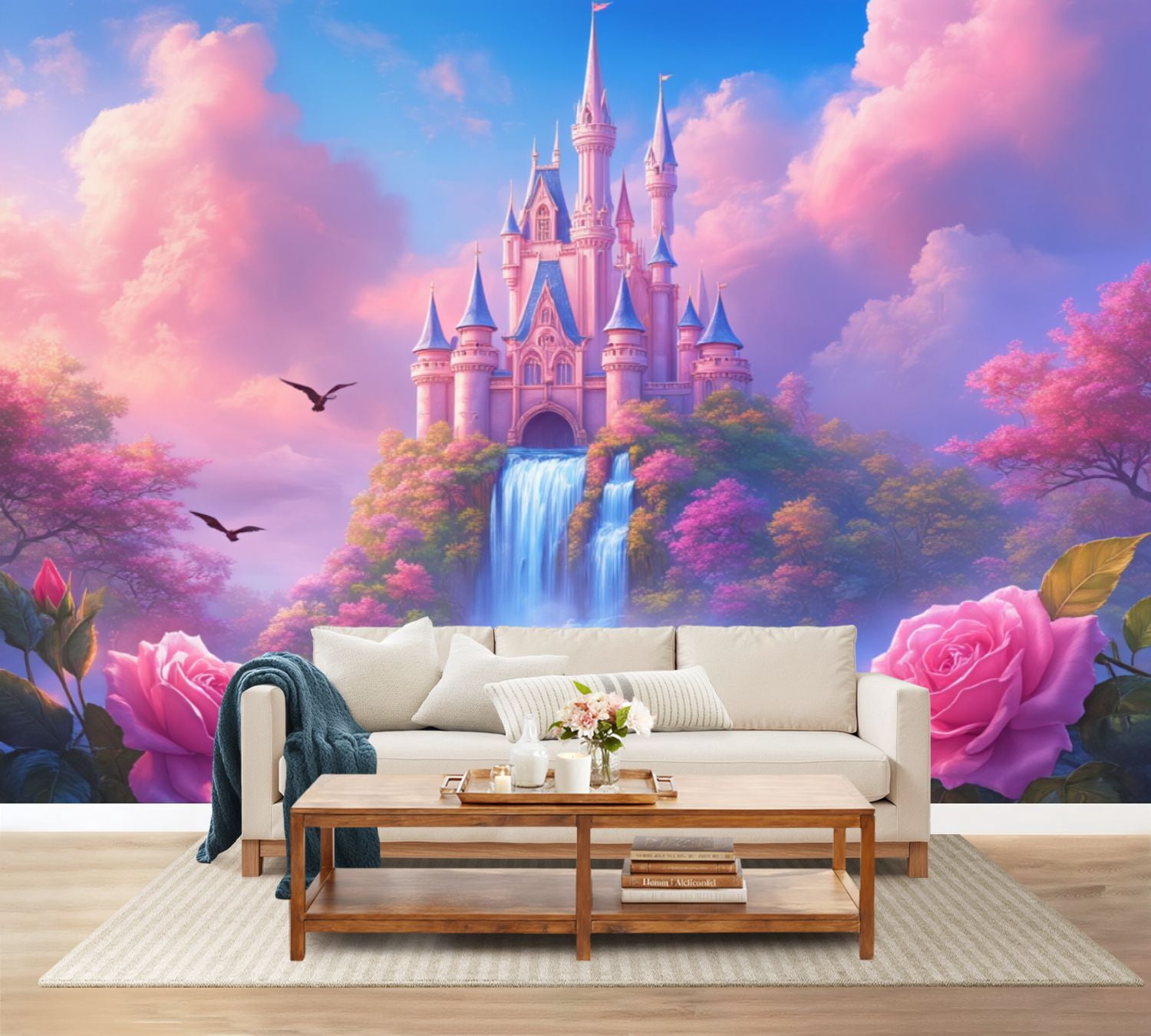 100"x144" Wall Mural Peel and Stick Wallpaper Fantasy Castle Waterfall Pink Clouds Dreamy Landscape Wall Decor Self Adhesive Removable Wall Stickers for Bedroom Living Room