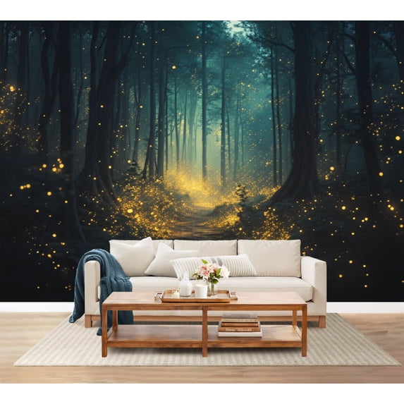100"x144" Wall Mural Peel and Stick Wallpaper Forest Illuminated by Glowing Fireflies Night Wall Decor Self Adhesive Removable Wall Stickers for Bedroom Living Room