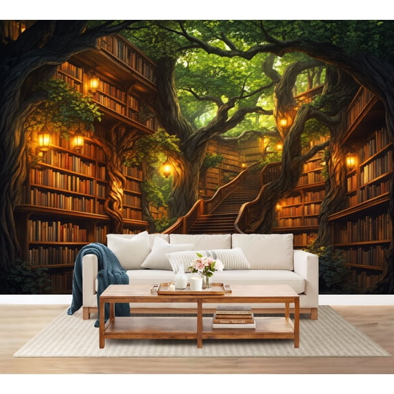 100"x144" Wall Mural Peel and Stick Wallpaper Forest Library Glowing Lanterns Wooden Staircase Wall Decor Self Adhesive Removable Wall Stickers for Bedroom Living Room