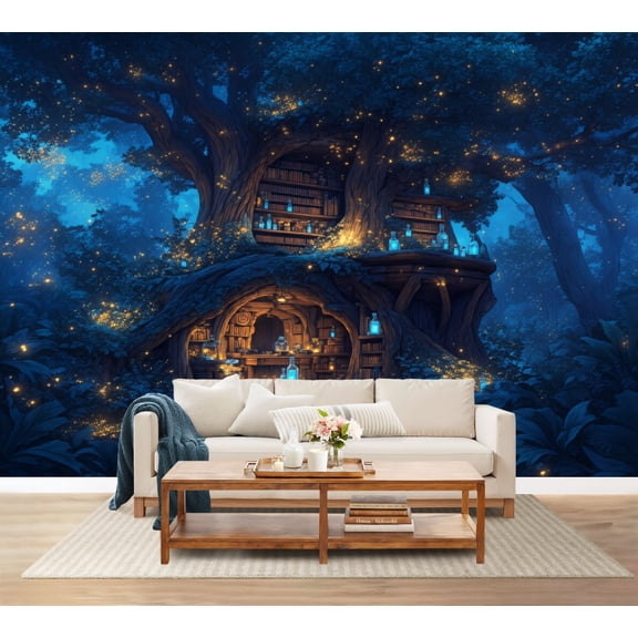 100"x144" Wall Mural Peel and Stick Wallpaper Magical Forest Library Shop Built into Ancient Tree Wall Decor Self Adhesive Removable Wall Stickers for Bedroom Living Room