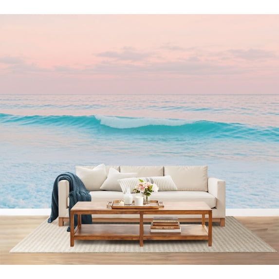 100"x144" Wall Mural Peel and Stick Wallpaper Pastel Ocean Waves Sunset Soft Pink Blue Tones Wall Decor Self Adhesive Removable Wall Stickers for Bedroom Living Room