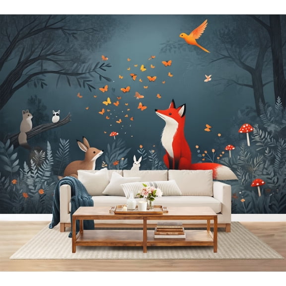 100"x144" Wall Mural Peel and Stick Wallpaper Whimsical Forest Fox Rabbit Raccoon Wall Decor Self Adhesive Removable Wall Stickers for Bedroom Living Room