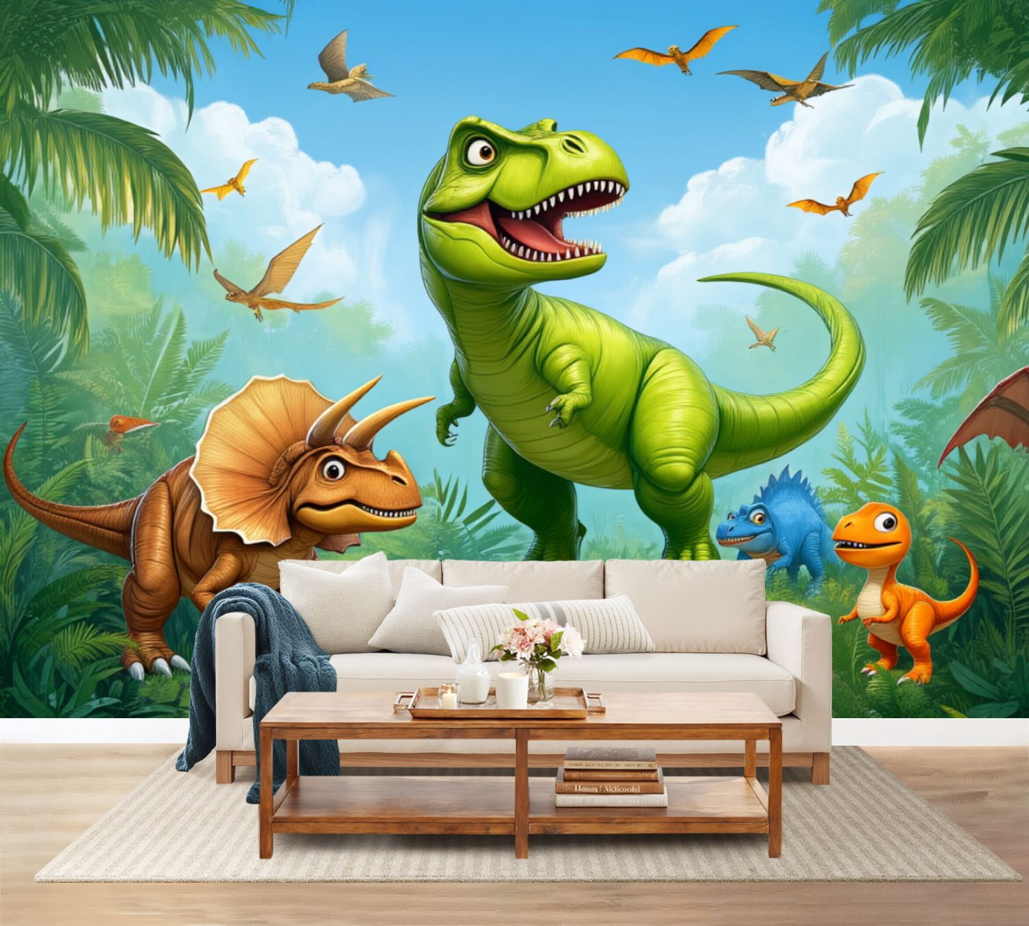 100"x144" Wall Mural Peel and Stick Wallpaper Dinosaurs Jungle Sky Clouds Wall Decor Self Adhesive Removable Wall Stickers for Bedroom Living Room