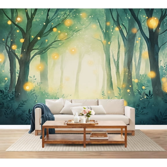100"x144" Wall Mural Peel and Stick Wallpaper Forest Glowing Fireflies Misty Wall Decor Self Adhesive Removable Wall Stickers for Bedroom Living Room