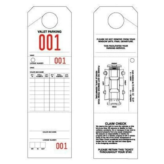 1000 . 3-Part Valet Parking with car Diagram. Numbered and Perforated to Create Valet Claim Ticket and Hang from Rear View Mirror. Perforated cardstock Key .