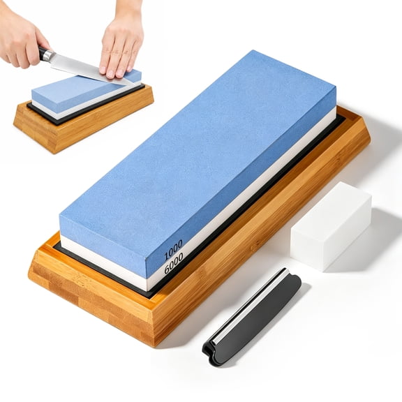 1000/6000 Grit Whetstone Knife Sharpening System, Dual-Sided Wet Stone Knife Sharpener and Honing Kit with Angle Guide and Non-Slip Bamboo Base