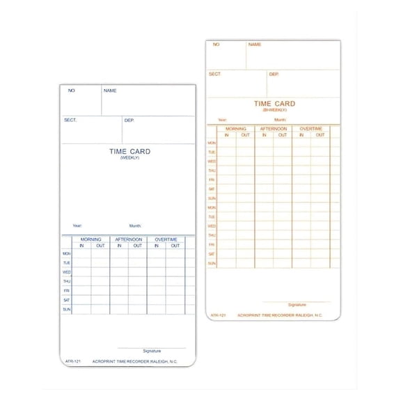 1000 ATR121 Time Cards for Acroprint ATR120/ATR120r - Weekly/Bi-Weekly Time Recorder Cards - 3.375" x 7.3125" - Compatible with Amano Time Systems