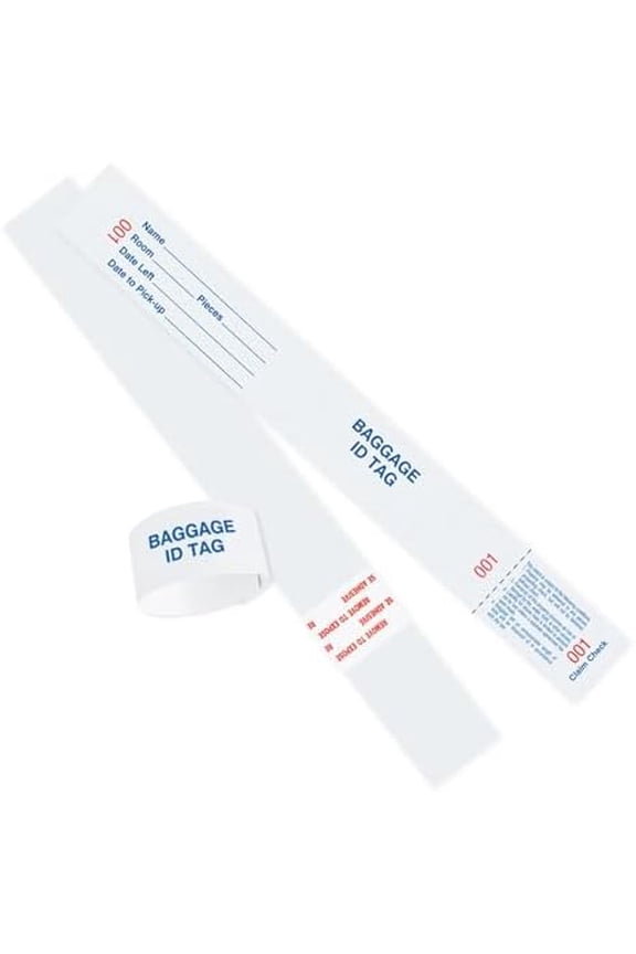 1000 Baggage Claim Check Tags with Transfer Tape on Back, Printed in Blue with Red Consecutive Numbering from 000 to 999. Bag Identification Tag Size: 10 1/2" (Height) x 1 1/4" (Width).$$Office