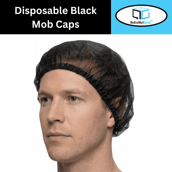 MMBM 1000 Pcs - Black Disposable Pleated Polypropylene Mob Caps 10GSM Bouffant Hair Cover, 21"