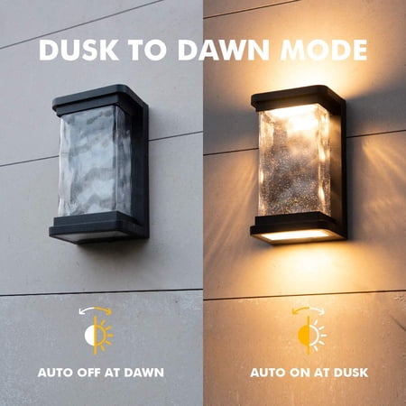 1000 Lumen Outdoor LED Wall Light Fixture, Dusk to Dawn Porch Light Wall Sconce with Seeded Glass, Matte Black Wall Lantern Exterior Lighting for House Backyard Patio, 3000K