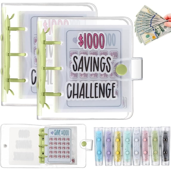 1000 Money Saving Challenge with 25 Binder Mini Money Savings Challenge Book with Envelopes Budget Saving Cash for Budgeting Planner Teacher Graduation Gift Kid Home School Favor(2 Pcs, Green)