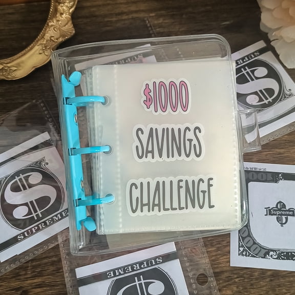 1000 Money Savings Challenge, PVC Three-hole Binder, Contains 25 Inner Pages, For Cash Savings Budget Planning, Prize Gif Blue