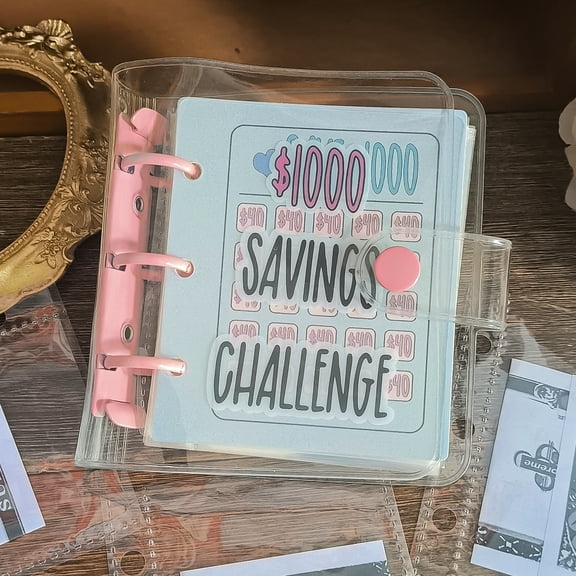 1000 Money Savings Challenge, PVC Three-hole Binder, Contains 25 Inner Pages, For Cash Savings Budget Planning, Prize Gif Pink