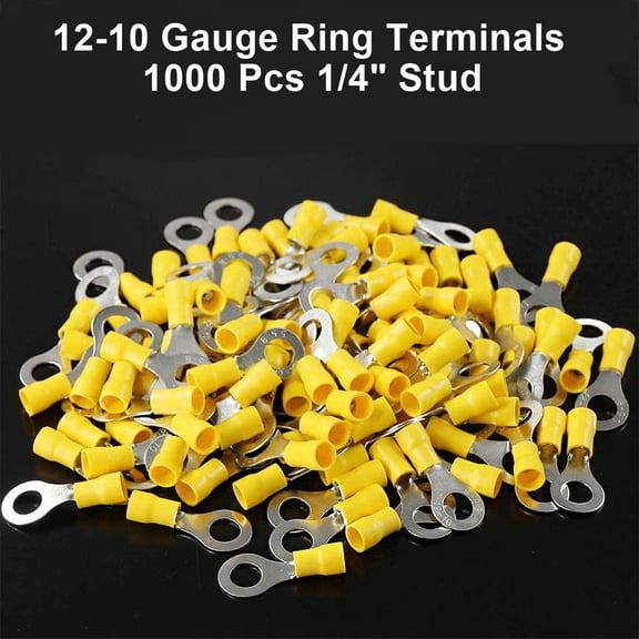 1000 PACK 12-10 Gauge 1/4" Stud Insulated Vinyl Ring Terminals Tin Copper Core