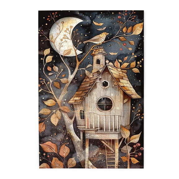 1000 PCS 1000 Piece Vibrant Jigsaw Fantasy Tree House And Moon,Wonderful Imagination,Relax And Enjoy The Fun Of Solving Puzzles,Fun Tree House Wooden Puzzles As Home Wall Decoration,Stunning Artwork