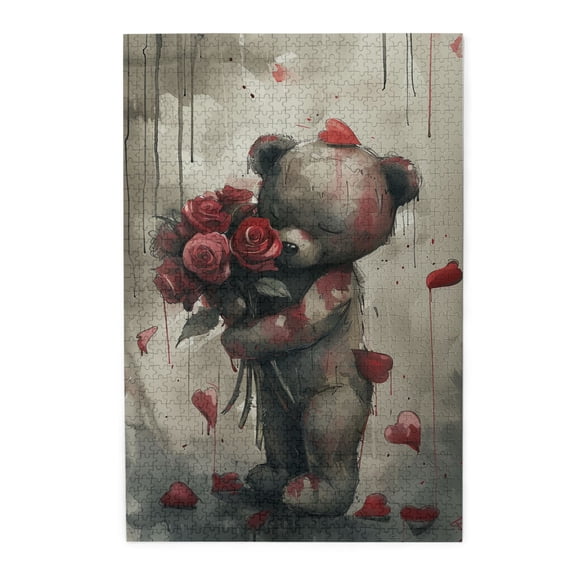 1000 PCS 1000 Piece Vibrant Jigsaw Muppet Bear Holding Roses,Funny Artwork For Adults,Featuring Retro And Beautiful Illustrations Depicting The Love Of A Bear,Enchanting Wooden Puzzle Game