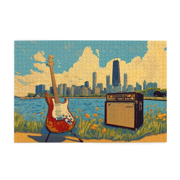 1000 PCS 1000 Piece Vibrant Wooden Jigsaw Puzzle Guitar By The Lakeside,Unique And Beautiful Design,Challenging Brain Exercise,Funny Guitar By The Lakeside Stress Relieving Puzzle,For Music Lovers