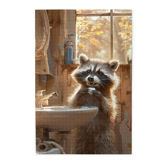 1000 PCS 1000 Piece Vibrant Wooden Jigsaw Puzzle The little raccoon next to the sink,Creative Activity Hobbies for Adults,Whimsy Jigsaw Pieces,Impossible Hard Difficult Challenging Puzzles for Adults