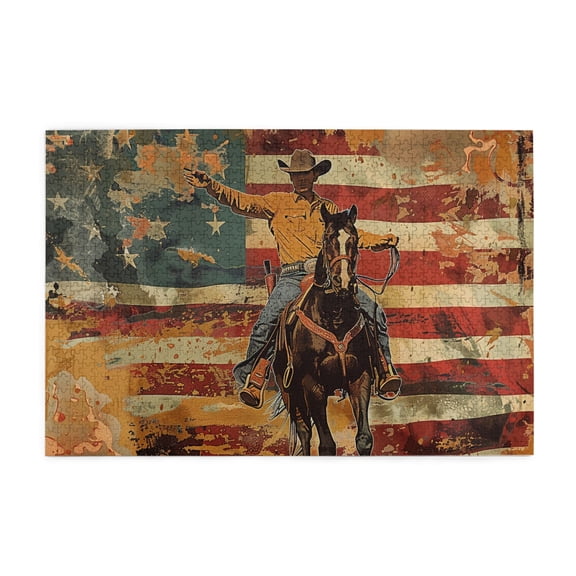 1000 PCS 1000 Piece Wooden Puzzle Cowboys & National Flag,Funny Artwork For Adults,Challenging Brain Exercise,Classic Cowboys & National Flag High Difficulty Puzzle,For Cowboy Lovers & Patriot Gifts