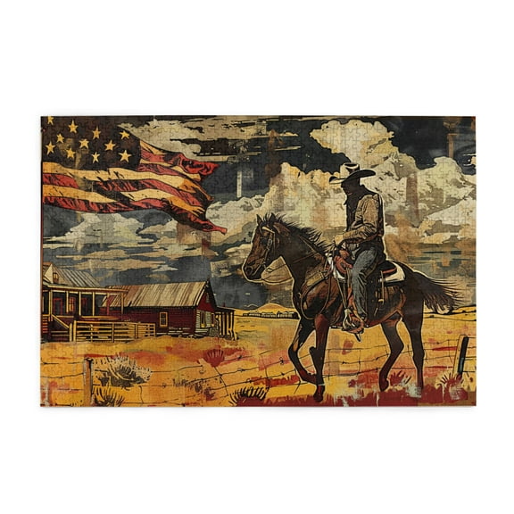 1000 PCS American Flag And Riding Cowboys Puzzles For Adults 1000 Pieces,Challenging Brain Exercise,Retro Art Riding Cowboys Wooden Puzzle 1000 Piece,Great For Relaxation And Display For Puzzle Lover