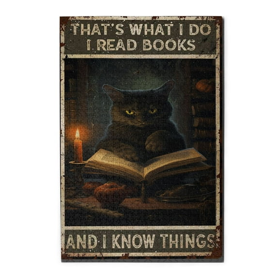 1000 PCS Black Cat Reading - 1000 Piece Wooden Jigsaw Puzzle,Stress Relieving Pleasure,Funny Artwork For Animal,Featuring Retro And Beautiful Illustrations, Depicting A Black Cat Reading A Book