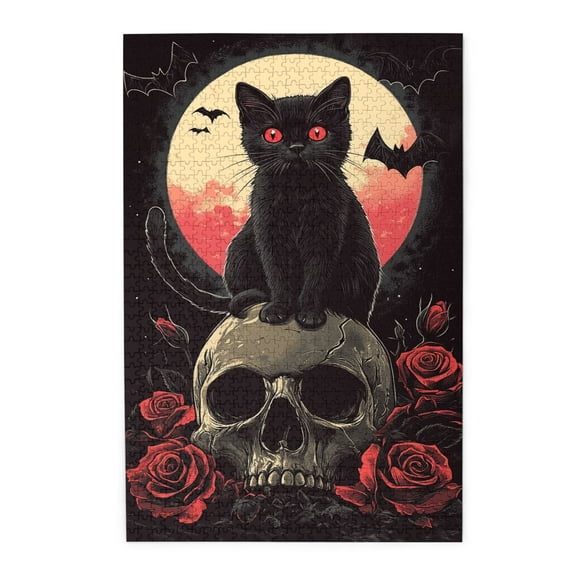 1000 PCS Black Cat And Skull Rose Night 1000 Piece Puzzle For Adults,Brain Challenge,Wonderful Imagination,Funny Black Cat Wooden Jigsaw,Puzzles Suitable For Entertaining With Family During Holidays