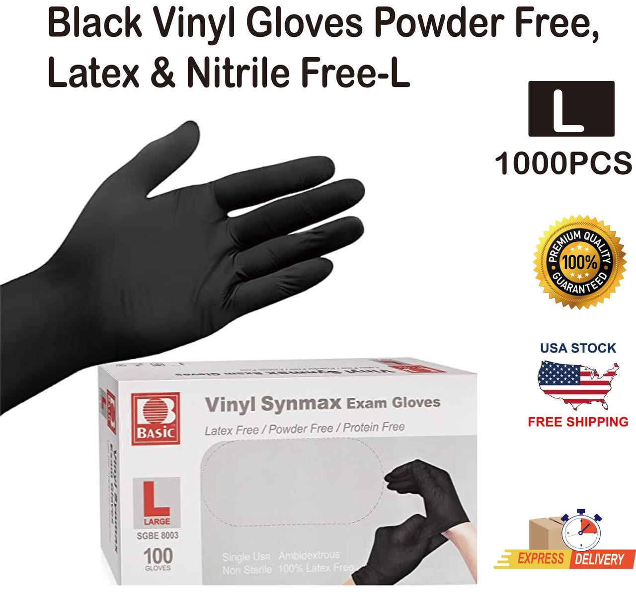 1000 PCS Black Vinyl Gloves Powder Free, Latex Nitrile Free-L