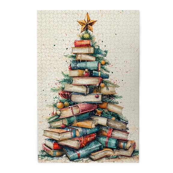 1000 PCS Book & Christmas Tree puzzles for adults 1000 pieces,Challenging Brain Exercise,Enchanting Book & Christmas Tree Wooden Puzzle,Unique and Beautiful Design,for Reading Lovers Holiday Gifts