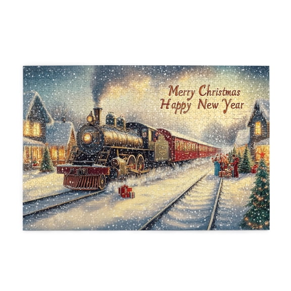 1000 PCS Christmas train Merry Christmas and New Year Slogan Wooden Puzzles 1000 Piece,Charm Christmas Art jigsaw Gift,The direction towards home,Enjoy the puzzle solving process,Stunning Artwork