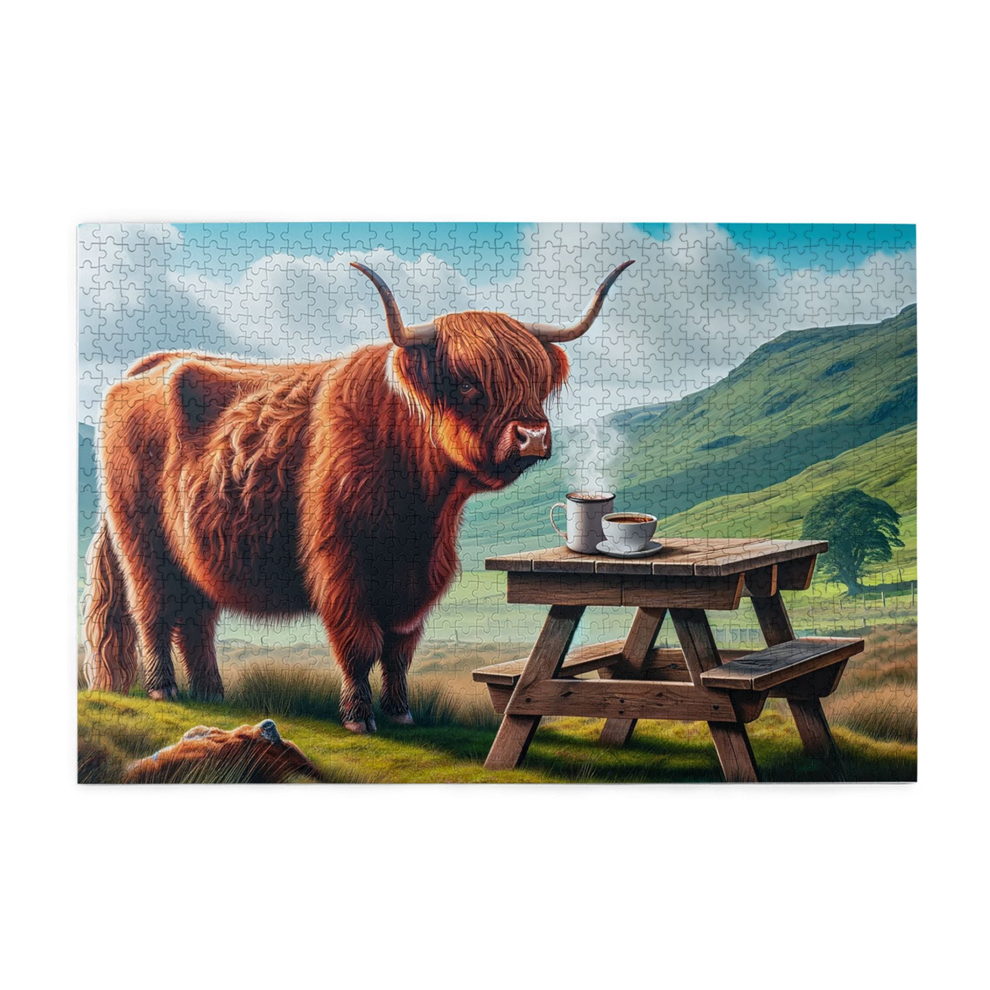 1000 PCS Coffee Break At Highland Cow 1000 Piece Animal Puzzles,Wonderful Imagination,Modern Style Animal Wooden Puzzle As Home Wall Decor,Ideal For Relaxation And Family Fun