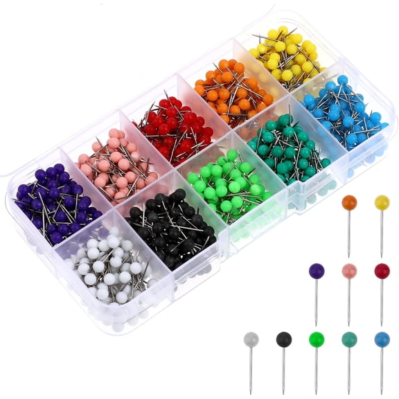 1000 PCS Colored Tacks Push Pins Map Tacks Decorative Straight Pins with Assorted Colored Round Heads Stainless Point Map Pins for Travel Map