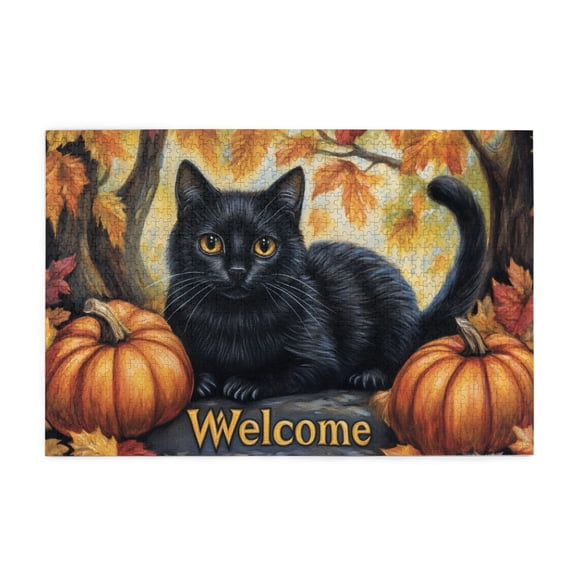 1000 PCS Cute Black Cat And Pumpkin 1000 Piece Puzzle For Adults,Brain Challenge,Unique And Beautiful Design,That Come Together As One Holiday Image,Funny Animal Holiday Decor Wooden Puzzle Game