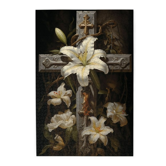 1000 PCS Flower Cross 1000 Piece Art jigsaw puzzles,Christian Puzzles with Charm Flower,Religious Puzzle as Home Decor,Suitable for family leisure and entertainment activities,Adults Wooden Puzzle