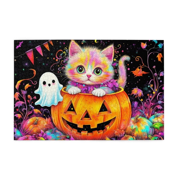 1000 PCS Funny Kitten And Pumpkin Lantern 1000 Piece Puzzle For Adults,Brain Challenge,Relax Yourself,Enjoy The Puzzle Solving Process,Chic Kitten Wooden Jigsaw Puzzles,Gift Suitable Family Friends