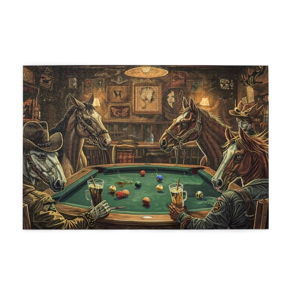 1000 PCS Jigsaw Puzzles 1000 Pieces Playing Billiards With Cowboy Horses,Stunningly Vibrant Colors,Creative Activity Hobbies For Adults,Gift For Billiards Lovers,Challenging Brain Exercise Fun Puzzle