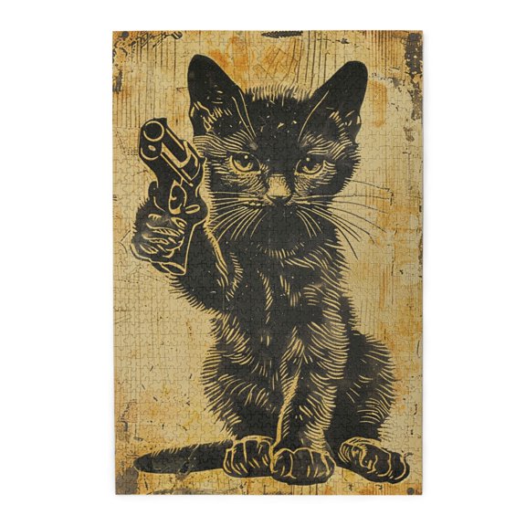 1000 PCS Lovely Black Cat Lifting A Revolver 1000 Piece Vibrant Jigsaw,Relax Yourself,Great For Relaxation And Display For Puzzle Enthusiast,Fun Animal Wooden Puzzle As Home Decor,Brain Challenge