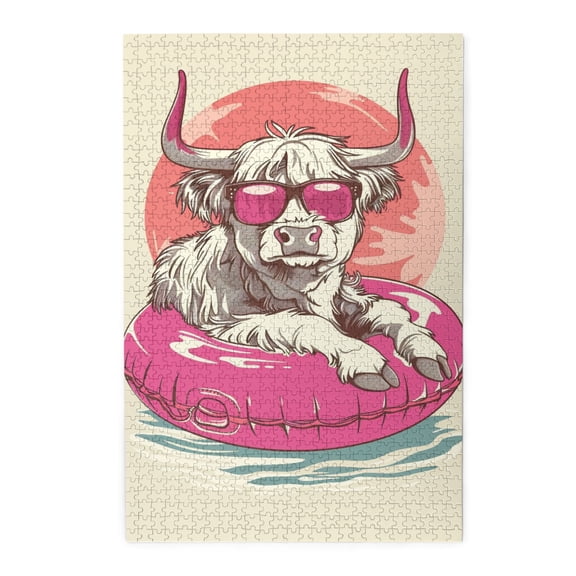 1000 PCS 1000 Piece Animal Jigsaw Puzzles The Swimming Time Of Plateau Cattle,Wonderful Imagination,Featuring Exquisite And Unique Illustrations Depicting A Cow With A Swimming Ring,Wooden Puzzle