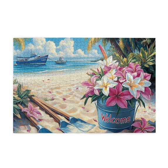 1000 PCS 1000 Piece Puzzle For Adults Welcome Slogan Seaside Flowers,Unique Artwork For Adults,Funny Seaside Flower Wooden Puzzles,Great For Relaxation And Display For Puzzle Enthusiasts,Fun Puzzles