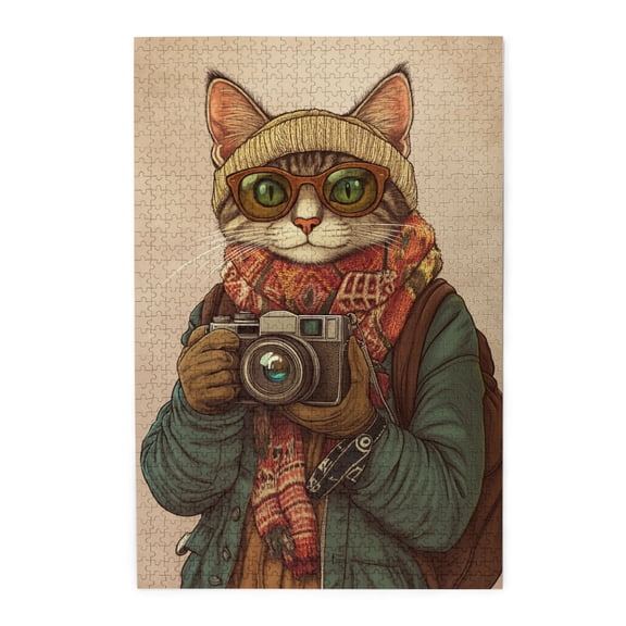 1000 PCS 1000 Piece Vibrant Jigsaw Puzzle Fashion Cat Photographer,Relax Yourself,Enjoy The Puzzle Solving Process,Brain Challenge,Funny Animal Photographer Wooden Puzzle,Gifts For Friends And Family