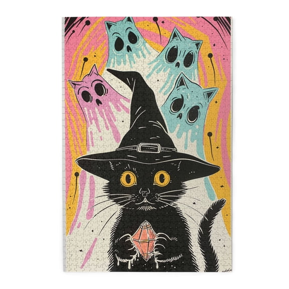 1000 PCS 1000 Piece Vibrant Wooden Jigsaw Puzzle Wizard Hat Black Cat,Unique and Beautiful Design,Challenging Brain Exercise,Funny Wizard Hat Black Cat Modern Art 1000 Piece Wood Puzzle,Fun Puzzles