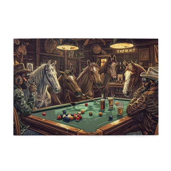 1000 PCS Playing Billiards With Cowboy Horses 1000 Piece Wooden Puzzle,Challenging Brain Exercise,Vintage Style Billiards & Cowboy Puzzle 1000 Piece,Gifts For Billiards & Cowboy Lovers,Funny Puzzle