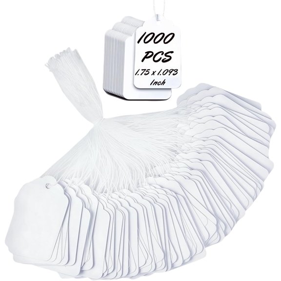 1000 PCS Pre-Strung Price Tags with String, White Paper Label Tags for Garage Sale Jewelry Clothing Retail, 1.75 x 1.093 Inch